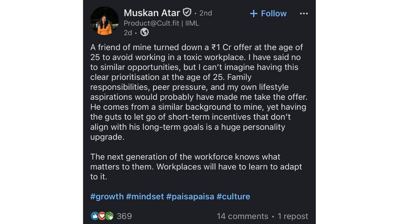 Gen Z turns down ₹1 crore job offer at 25 to avoid toxic workplace; LinkedIn reacts
