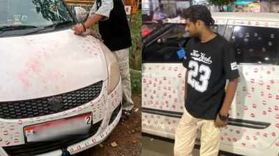 Gwalior News: Watch: Gwalior man fined Rs 5,500 after girlfriend covers his car with 3,400 lipstick kisses | Bhopal News