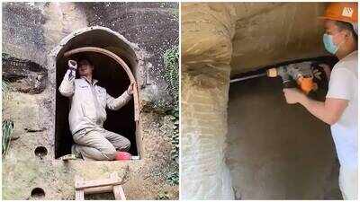 In 2019, man began carving a two-storey family home into a China mountain; after 7 years battling water leaks, fault lines and humidity, he finally makes it livable