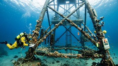 Divers turned a floating wind turbine off Spain into an underwater farm; oysters, clams, mussels and green algae now grow beneath it |