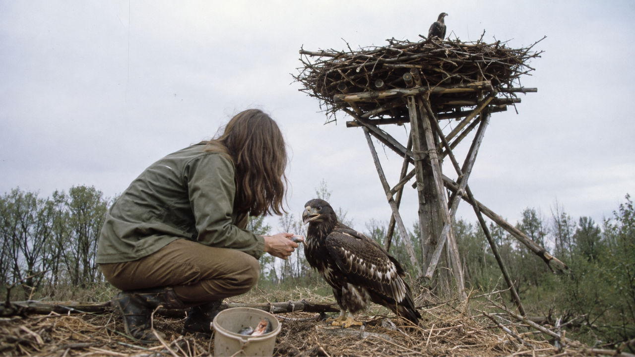 In 1976, a 26-year-old biologist camped alone beneath a 35-foot artificial eagle nest: One chick she raised went on to father around 70 more