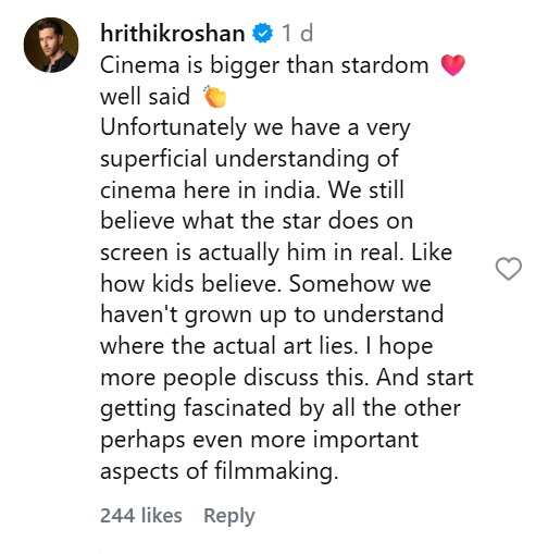 Hrithik Roshan backs filmmaker's take on audience obsession with stardom over cinema: 'Somehow we haven't grown up' | Hindi Movie News