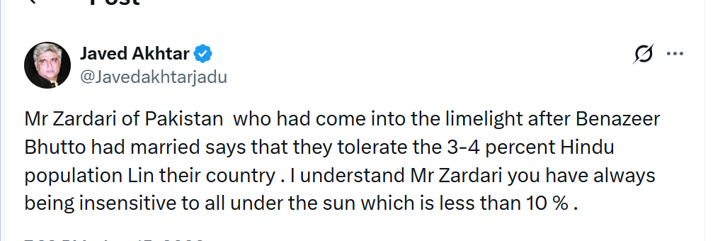 Javed Akhtar slams Pakistan President Asif Ali Zardari over remarks on ‘tolerating’ Hindu minority: ‘Mr ten percent, insensitive’