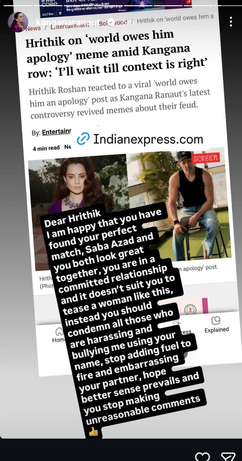 Kangana Ranaut REACTS to Hrithik Roshan's comment on 'Apologise to Hrithik' trend: 'Stop adding fuel to the fire, and embarrassing your partner' | Hindi Movie News