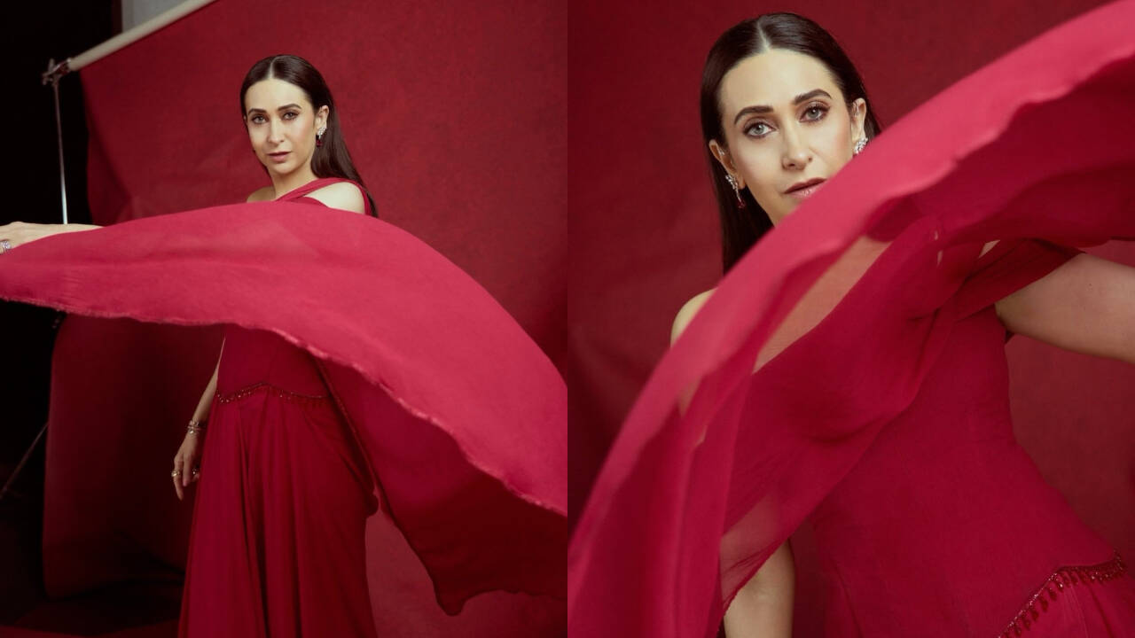 Karisma Kapoor stuns in a dramatic crimson saree-gown