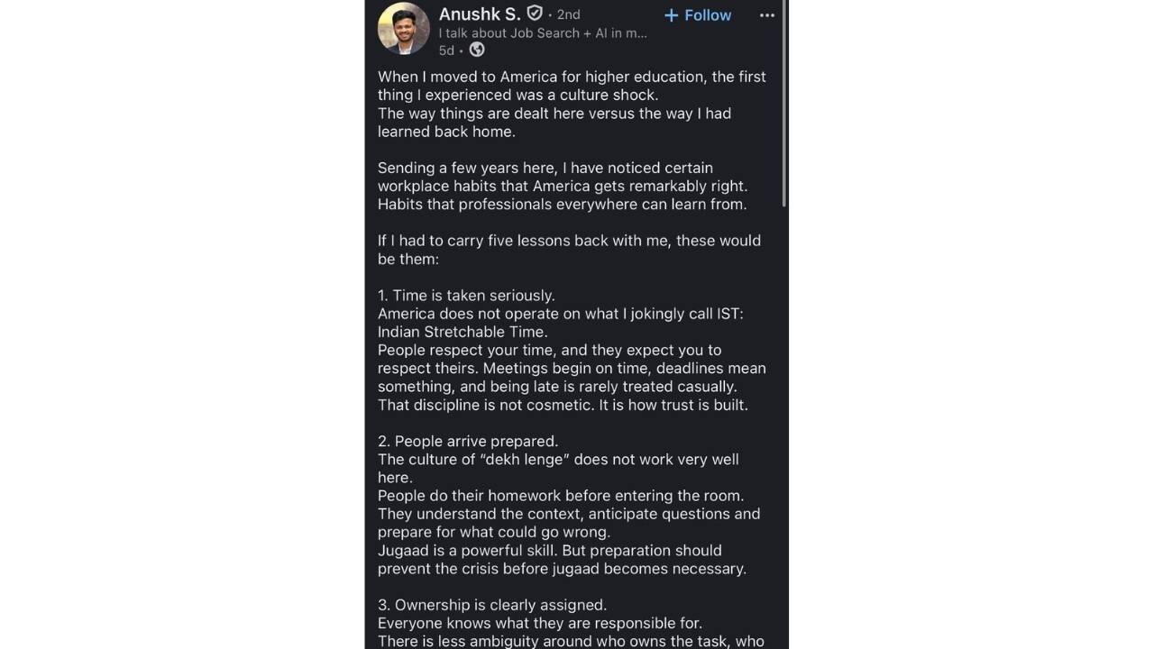 Moved to America, Indian professional reveals 5 workplace lessons he learned from the US