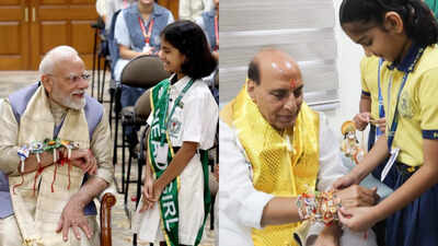 PM Modi, Rajnath Singh celebrate Raksha Bandhan with schoolgirls and NCC cadets; Kharge, Rahul Gandhi extend wishes | India News