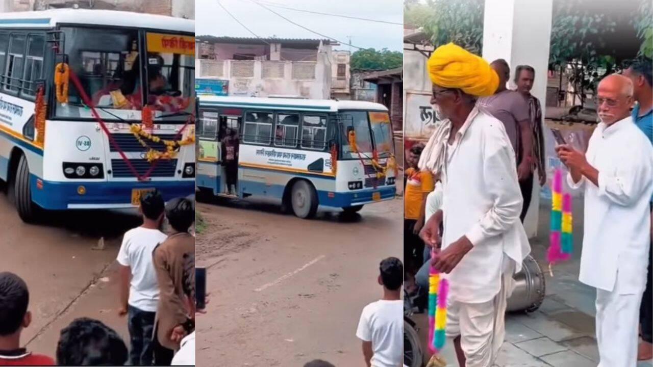 After nearly 80 years, Rajasthan Roadways bus reaches Ajmer village for the first time; residents celebrate in rain with drums and dance