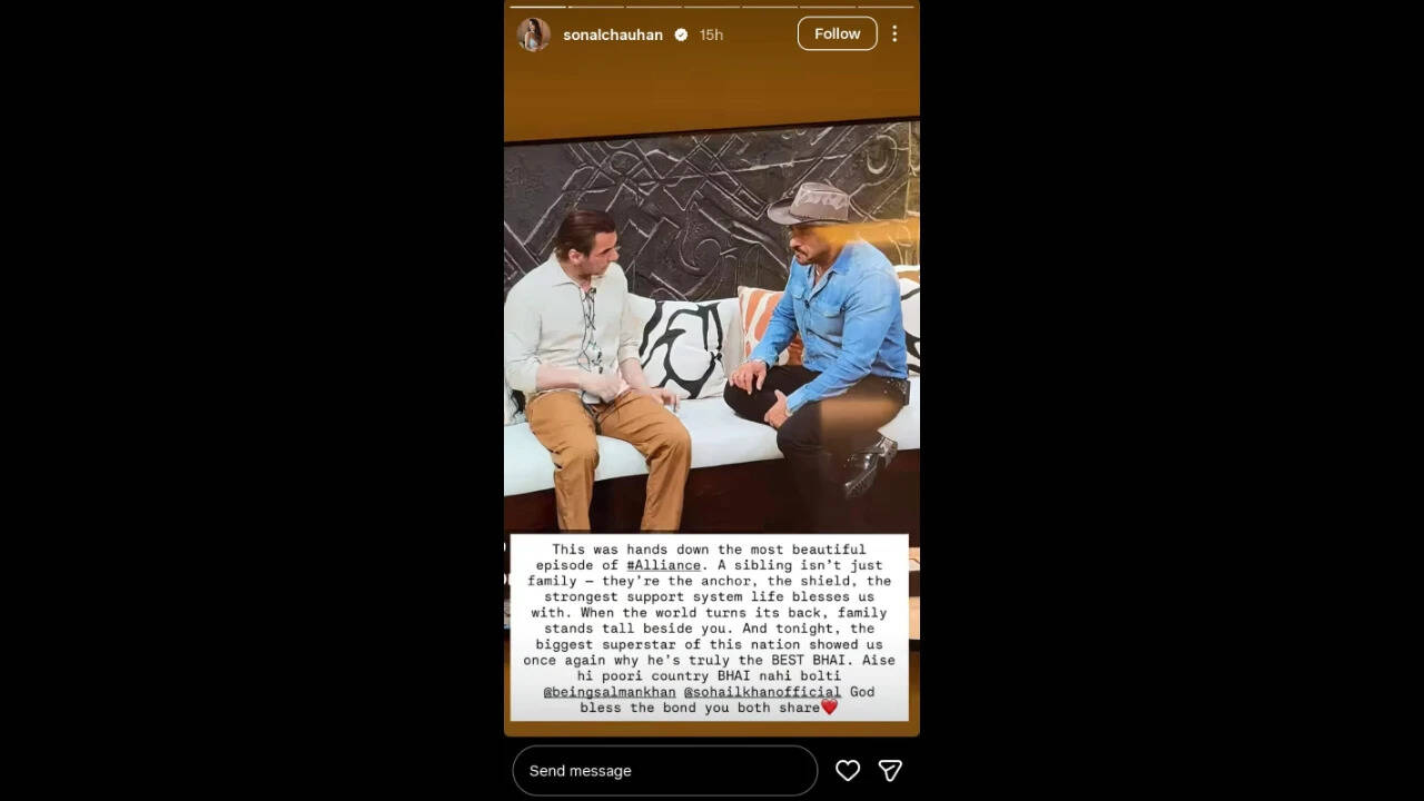 Salman Khan: 'Aise hi poori country Bhai nahi bolti': Sonal Chauhan shares heartfelt note for 'the best bhai' Salman Khan after viral 'Alliance' episode with Sohail Khan | Hindi Movie News