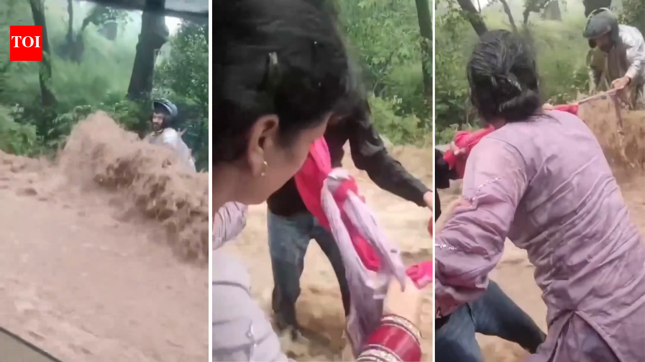 Newlywed woman takes off her dupatta to save biker trapped in Himachal flash flood; dramatic rescue by a family caught in camera; video viral