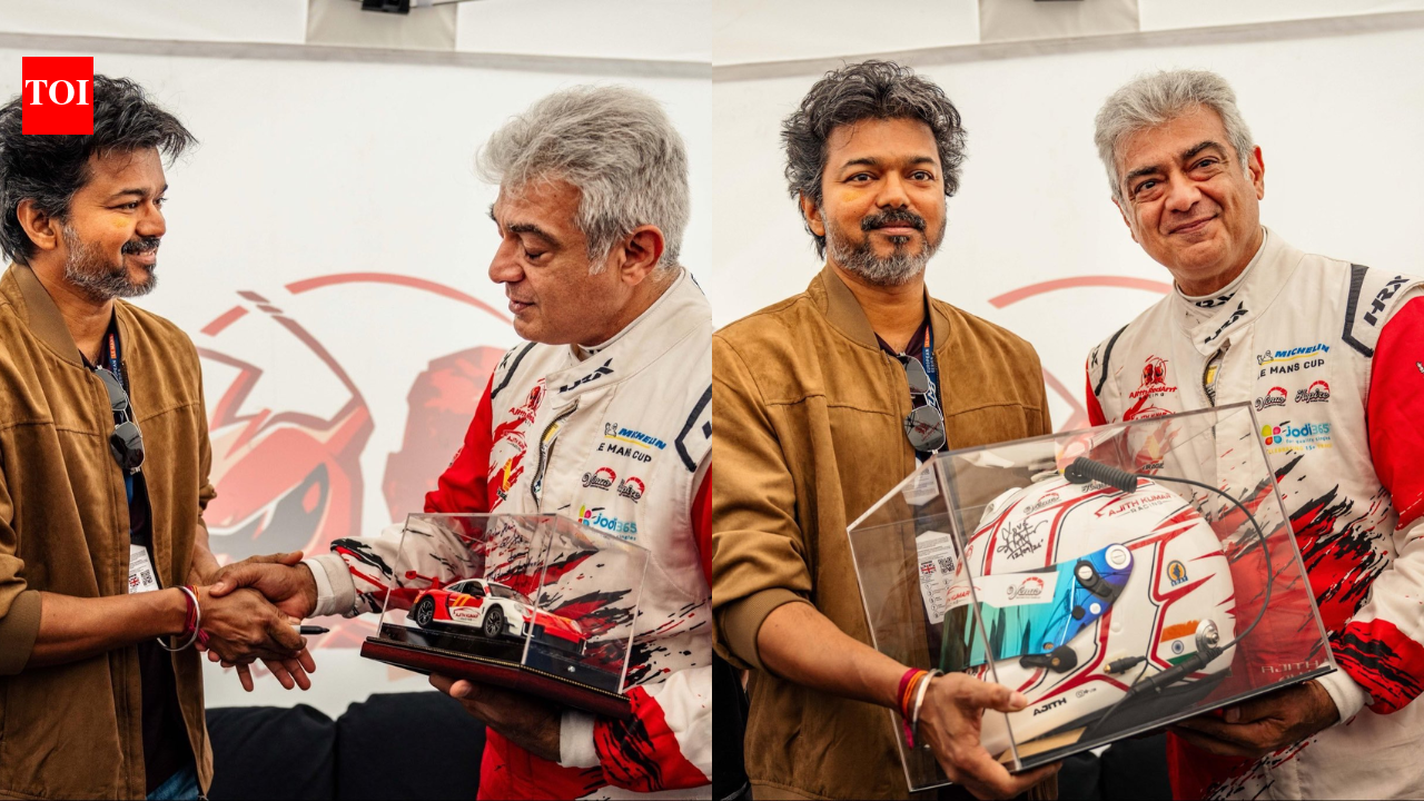 Vijay and Ajith Kumar reunite at Silverstone: The ‘Jana Nayagan’ star gifts miniature race car, while Ajith returns the gesture with a signed helmet | Tamil Movie News
