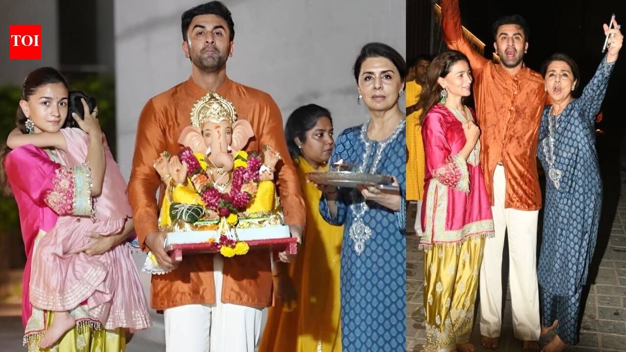 Ranbir Kapoor, Alia Bhatt, Neetu Kapoor perform Ganpati Visarjan, hide Raha's face while posing for the paparazzi, chant 'Ganpati Bappa Morya' - PICS inside |