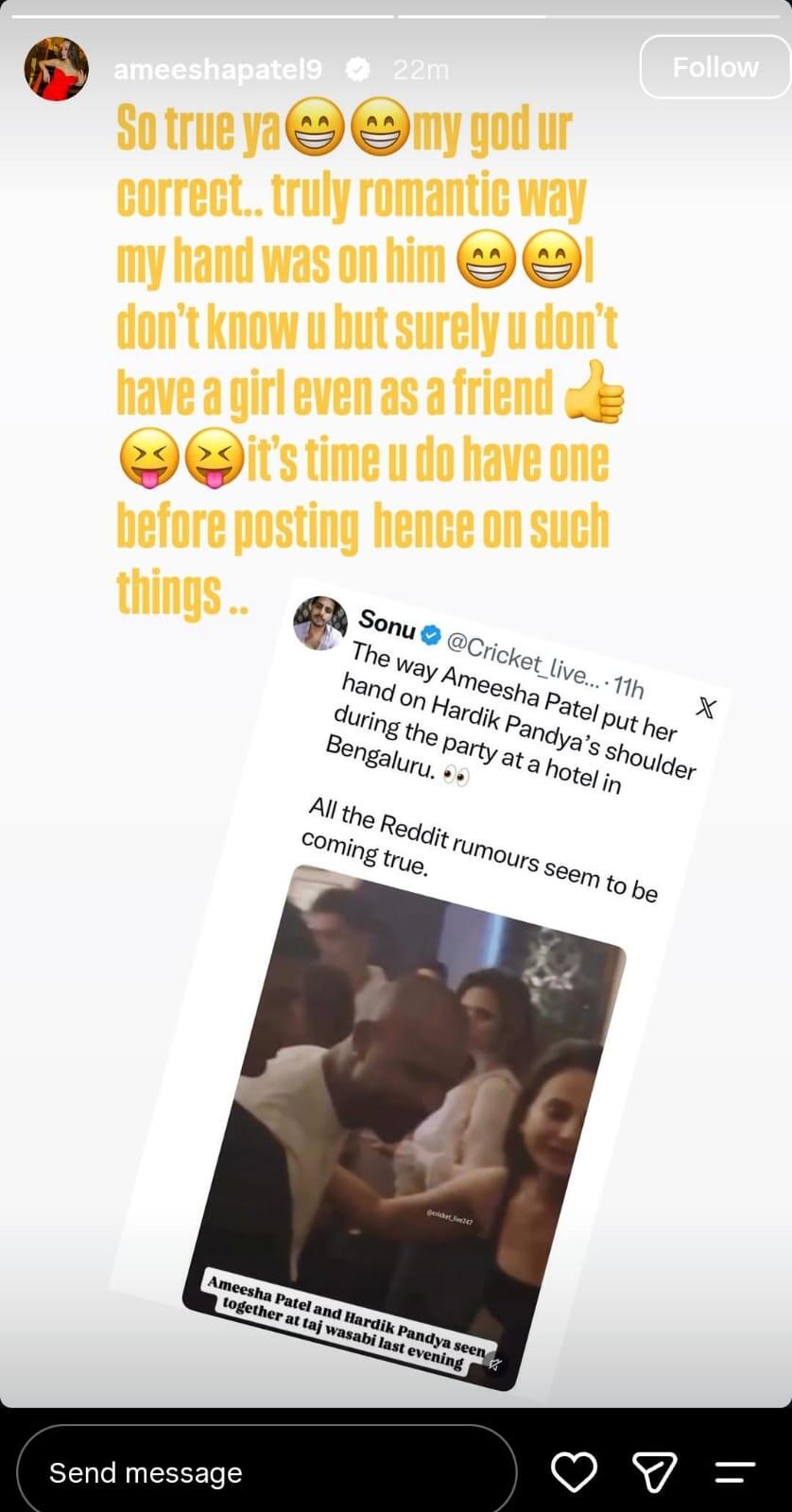 ‘Truly romantic way’: Ameesha Patel’s sarcastic response to Hardik Pandya dating rumours | Hindi Movie News