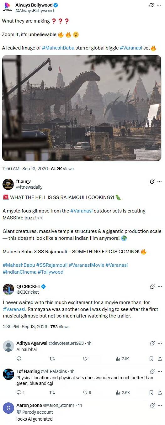 'Varanasi': Alleged leaked image from sets of Mahesh Babu and Priyanka Chopra starrer shows dinosaur, massive temples; fans react, 'What is SS Rajamouli cooking?' | Telugu Movie News