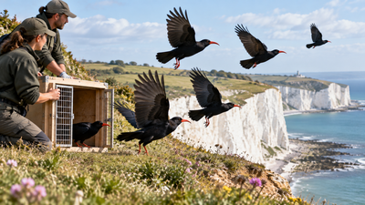 In 2019, conservationists brought red-billed choughs back to Kent after 200 years; 35 birds are now living there |