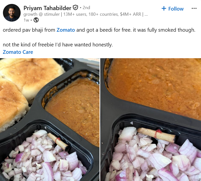 “Got a beedi for free”: Bengaluru man’s Zomato Pav Bhaji order leaves the internet stunned |