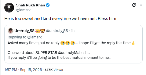 Shah Rukh Khan praises 'Varanasi' star Mahesh Babu during AskSRK session, calls him ‘too sweet and kind’ and says ‘bless him’ when asked to describe him |