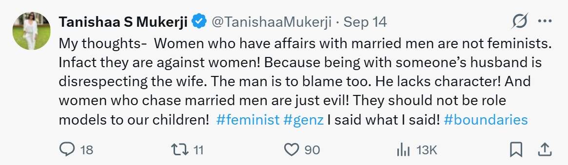 Tanishaa Mukerji sparks debate by calling women who have affairs with married men 'evil': 'They are not feminists' |